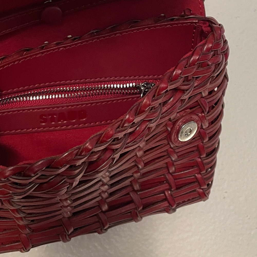 STAUD Rio Woven Leather Crossbody Bag Burgundy Red Asymmetric Basket Bag - Picture 7 of 8
